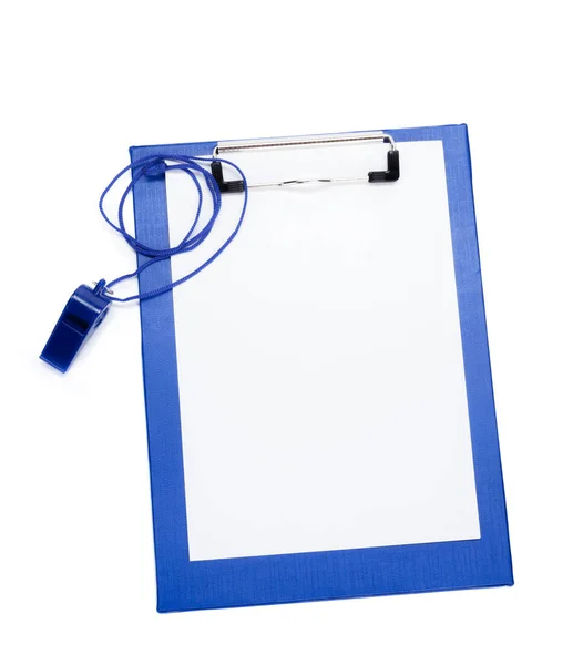 blank clipboard and coaches whistle with copy space
