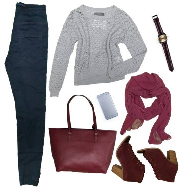 Beyaz arka plan üzerinde izole kadın giyim koleksiyonu kolaj üstten görünüm