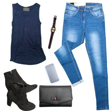 kadın beyaz arka plan üzerinde giyim koleksiyonu kolaj