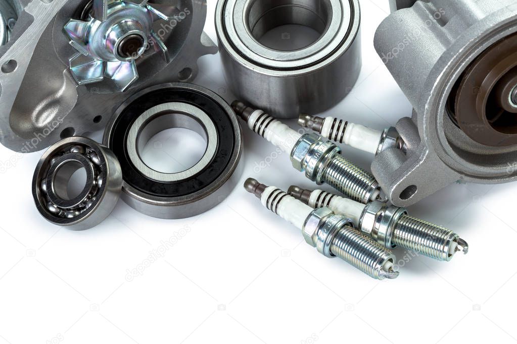 Close up of car parts on white background