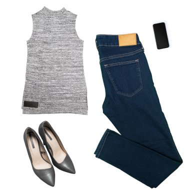 kadın beyaz arka plan üzerinde giyim koleksiyonu kolaj