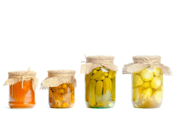 Canned Vegetables Glass Jars Isolated White Background — Stock Photo, Image