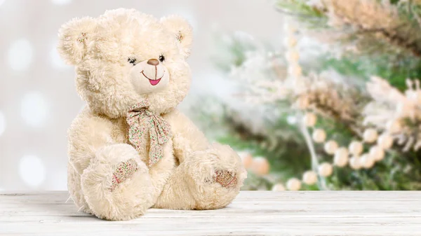 Teddy Bear Toy Wooden Desk — Stock Photo, Image