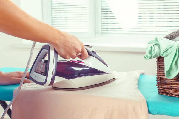 Close Woman Ironing Clothes Ironing Board — Stock Photo, Image