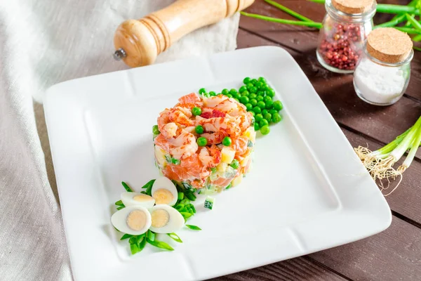Elevated View Russian Salad Shrimps — Stock Photo, Image