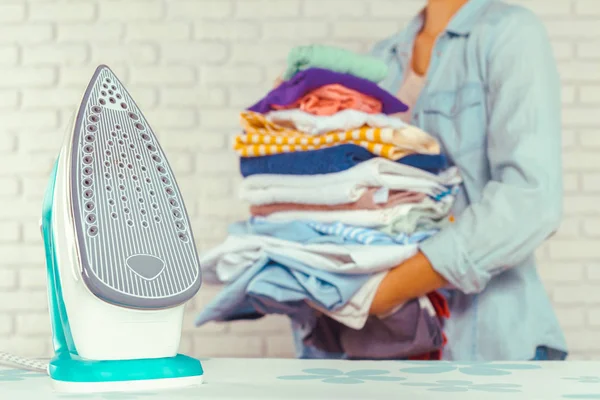 Housewife Bringing Huge Pile Laundry Ironing Board — Stock Photo, Image