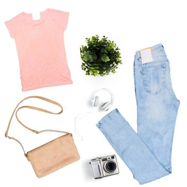 kadın beyaz arka plan üzerinde giyim koleksiyonu kolaj