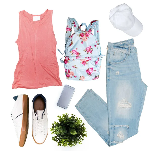 kadın beyaz arka plan üzerinde giyim koleksiyonu kolaj