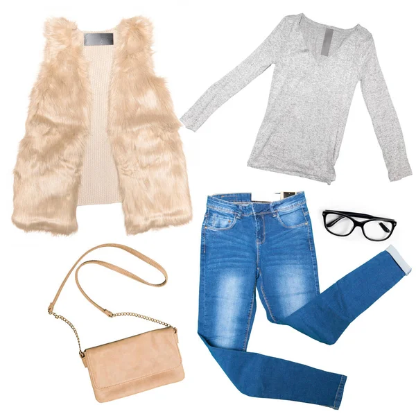 kadın beyaz arka plan üzerinde giyim koleksiyonu kolaj