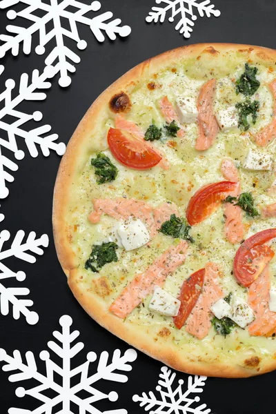 Pizza Com Decoração Flocos Neve Pizza Inverno — Fotografia de Stock