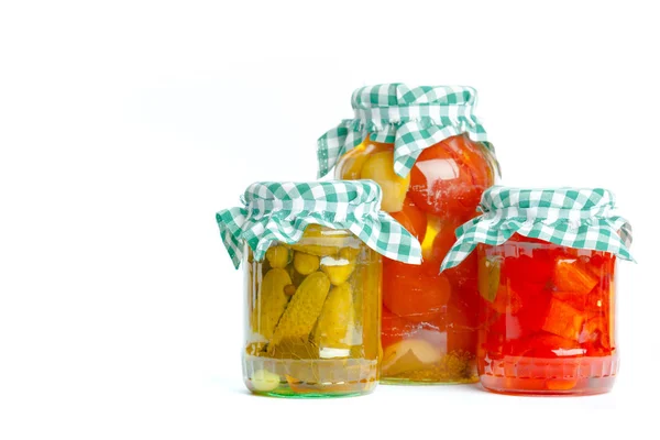 Canned Vegetables Glass Jars Isolated White Background — Stock Photo, Image