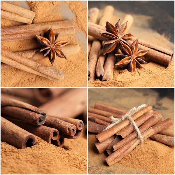 close-up view of cinnamon spices in collage