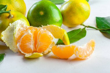 Beyaz arka plan üzerinde yaprakları ile olgun mandarin