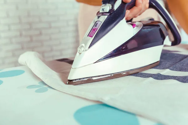 Closeup Woman Ironing Clothes Ironing Board — Stock Photo, Image