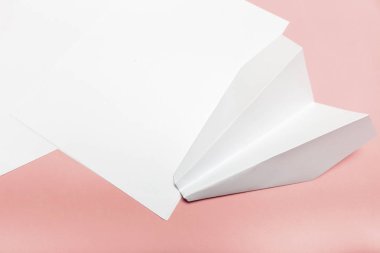 Boş kağıt yapraklarının üzerine pembe pastel Resepsiyon