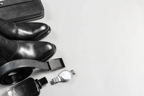 Schoenen Accessoires Voor Mannen Lag Houten Vloer — Stockfoto