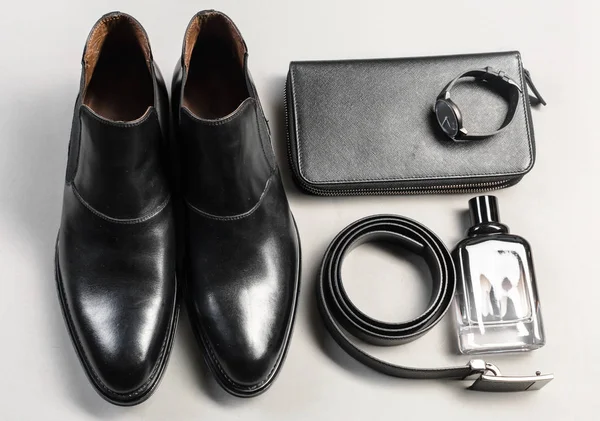 Schoenen Accessoires Voor Mannen Lag Houten Vloer — Stockfoto