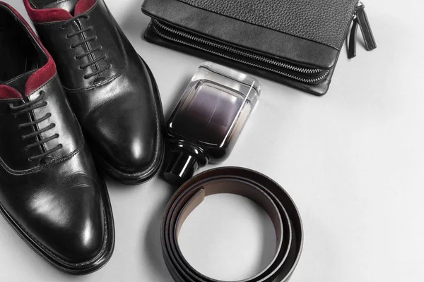 Schoenen Accessoires Voor Mannen Lag Houten Vloer — Stockfoto