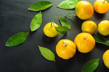 mandalina siyah bir zemin üzerine yeşil yaprakları ile