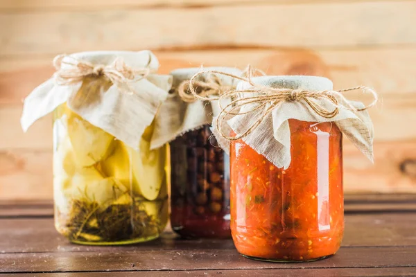 Preserved Vegetables Wooden Background — Stock Photo, Image