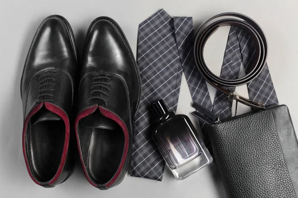 Schoenen Accessoires Voor Mannen Lag Houten Vloer — Stockfoto