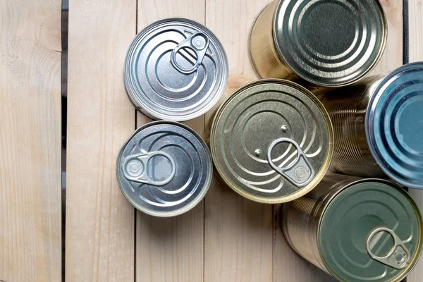 Latas Lata Para Alimentos Sobre Fondo Madera — Foto de Stock