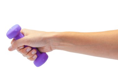 Beyaz arka plan üzerinde izole bir dumbbell tutarak el 