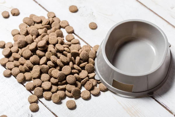 close up view of pets food in bowl on floor