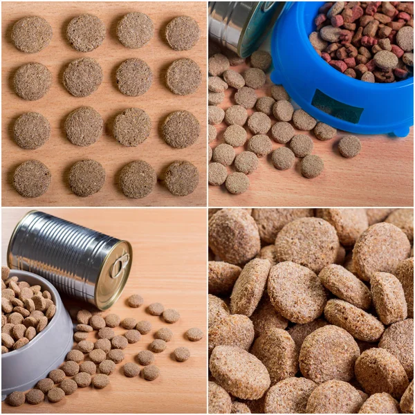 Collage of dried food for dogs and cats.