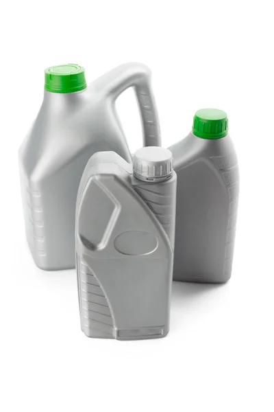 Plastic Bottles Automobile Oils Isolated White — Stock Photo, Image