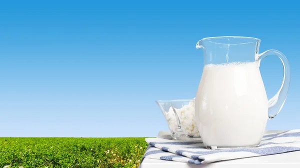 Φρέσκο Γάλα Στον Πίνακα Πεδίο Στο Φόντο — Φωτογραφία Αρχείου