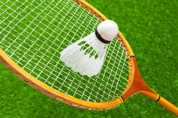 Wooden Badminton Racket Green Grass — Stock Photo, Image