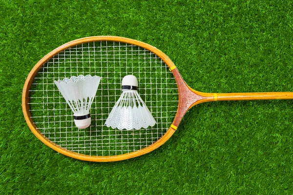 Wooden Badminton Racket Green Grass — Stock Photo, Image