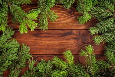 Ahşap arka planda noel ağacı dalları