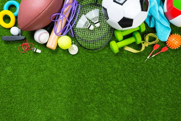 Various Sport Objects Green Grass — Stock Photo, Image