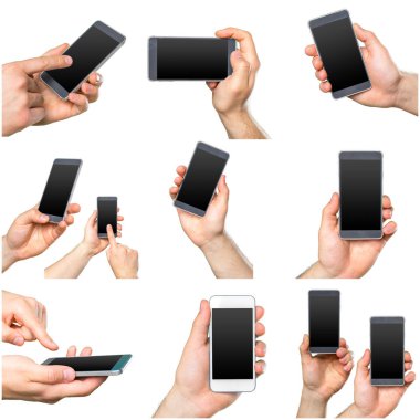 smartphone fotoğraflar üzerinde beyaz izole tutan adam kolaj
