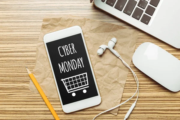 Top View Office Table Witt Smartphone Cyber Monday Inscription — Stock Photo, Image