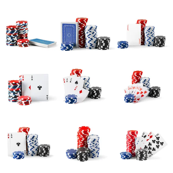 白で隔離 カジノのチップやカードの写真のコラージュ — ストック写真