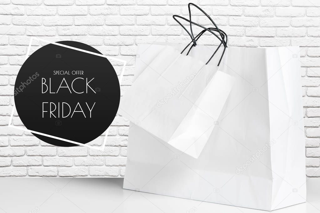 Shopping Bag of presents on white table with black friday lettering