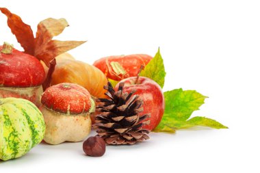 Sonbahar göstermek ile kabak ve beyaz arka plan üzerinde izole yaprakları