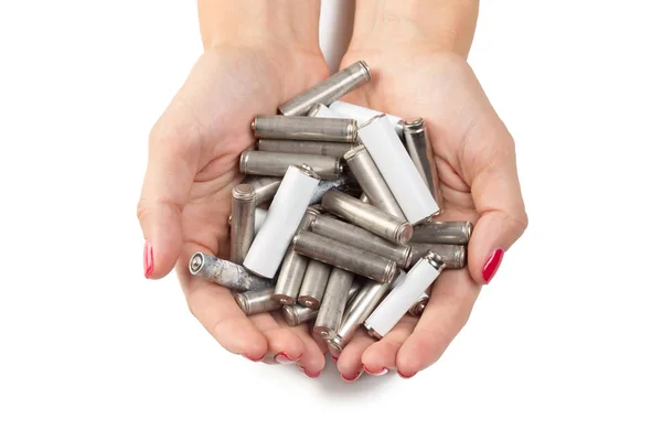 Weergave Van Vrouw Met Batterijen Handen Sluiten — Stockfoto