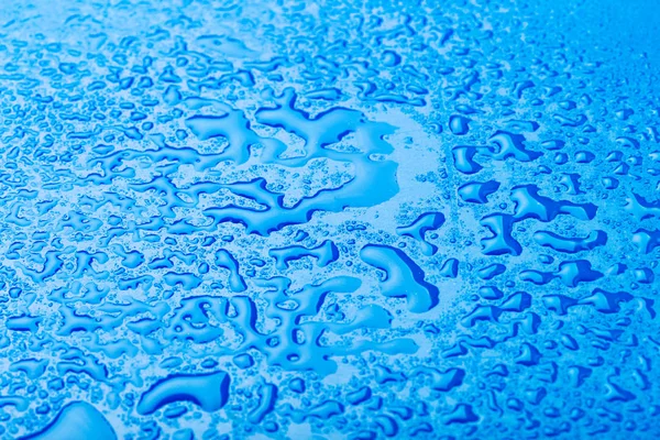 Goutte Eau Sur Surface Fond Bleu Frais — Photo