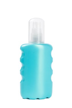 Beyaz arka plan üzerinde izole mavi plastik sprey konteyner
