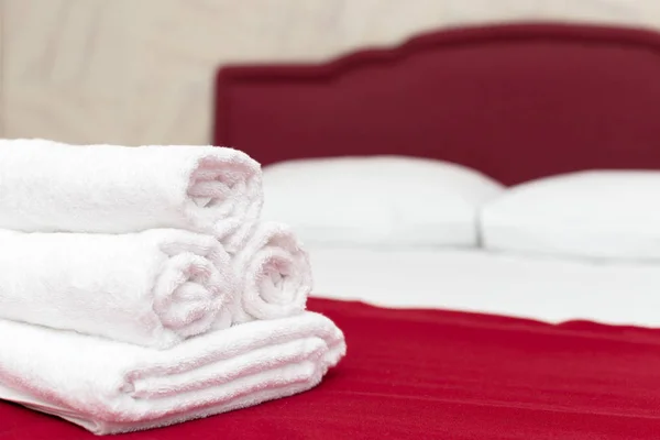 Clean Towels Bed Hotel Room Stock Image