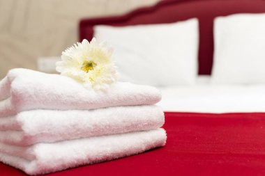 Bir otel odasında çiçek dekorasyonu ile havlu yığını