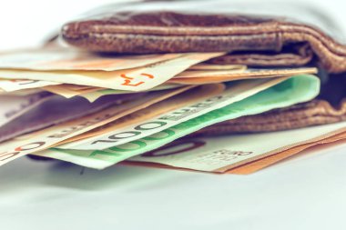 Euro banknot açık renkli deri cüzdan, yakın çekim 