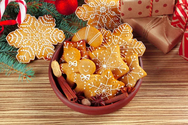 Christmas Background Branch Fir Tree Decorated Gingerbread — Stock Photo, Image