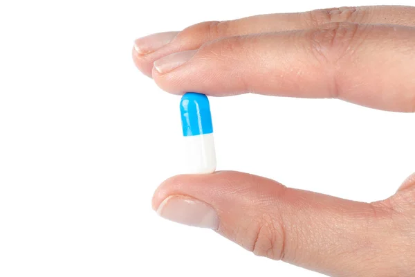 Píldora Azul Blanca Mano Femenina Primer Plano — Foto de Stock