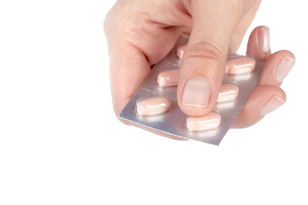 Blister Fêmea Para Segurar Mão Comprimidos — Fotografia de Stock