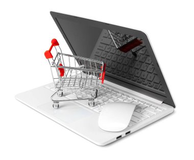 Laptop ve alışveriş sepeti beyaz arka plan üzerinde izole